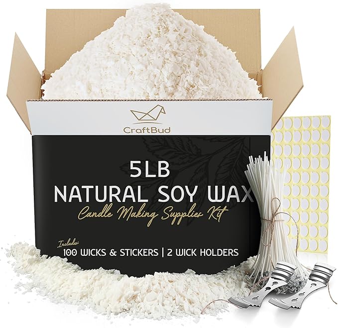 CraftBud Soy Candle Wax for Candle Making – Natural Soy Wax for Candle Making 5 lb Bag, Candle Making Wax, 5 Lbs. Soy Wax Flakes, 100 Candle Wicks, 100 Wick Stickers, and 2 Metal Centering Devices