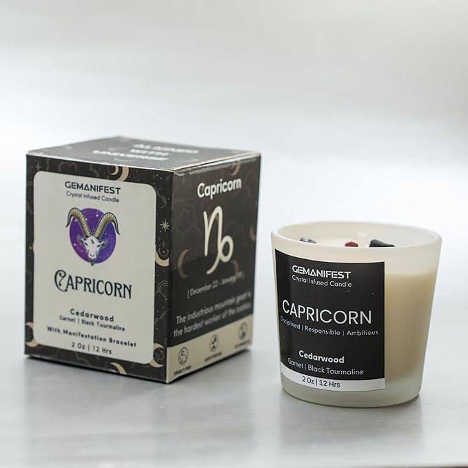 Capricorn Zodiac Candle Astrology Gifts for Women and Men with Capricorn Bracelet Cedarwood Candle with Healing Crystals Birthday Birthstone Manifestation Gifts