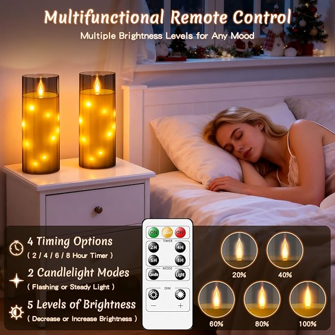 11" x 4" Large Outdoor Waterproof LED Candles, 2Pcs Pillar Candles with Remote & Timer, Flameless Candle Battery Operated with Embedded Star String for Porch, Patio, Outdoor Decor and Christmas