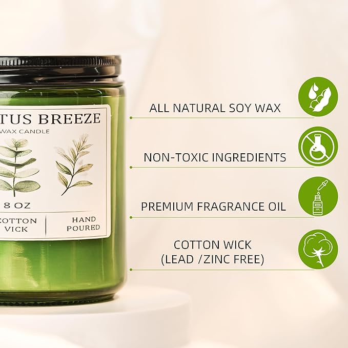 Eucalyptus & Mint Candles for Home Scented, 40 Hours Burn Soy Candle Gift for Women Stress Relief, Meditation, Yoga, Relaxing, Natural Soy Wax for Men and Women, 8oz