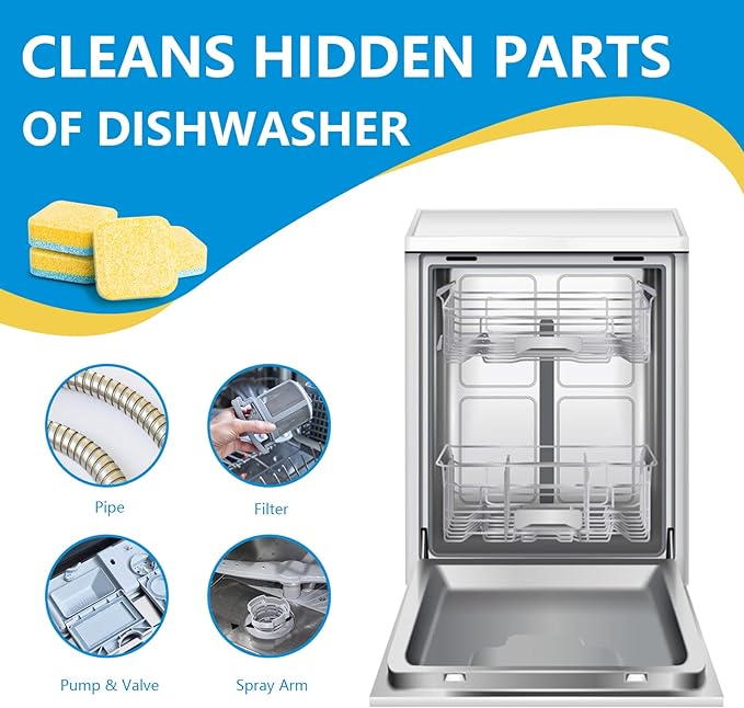 24-count Dishwasher Cleaner Tablets, Deep Cleaning and Descaling Formula, Removes Odors, Scale, and Hard Water Residue, Maintains Dishwashers, Septic Tank Safe (Lemon Scent)