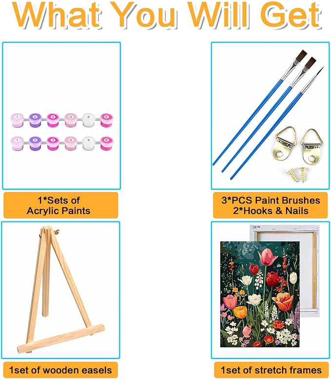 Meothan Framed Paint by Numbers Kits for Adults, Flowers Paint by Numbers Kits on Canvas with Easel for Home Wall Decor 11.8x15.7inch (30x40cm)