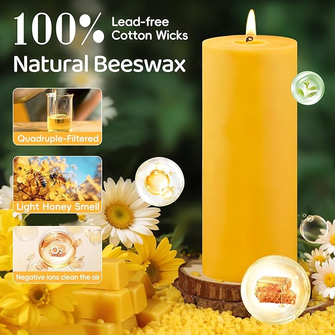 2.8x8in Beeswax Pillar Candles-2pcs,290 H Long Burning,Emergency Beeswax Candles,Non Toxic Natural Bees Wax Candles for Home