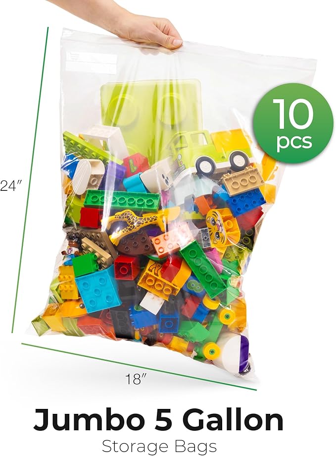 5 Gallon Storage Bags - 10 Count, Extra Strong And Super Durable, 2 Mil Thick, Leak-Proof Unique Zipper, Extra Large Storage Bags for Home & Travel