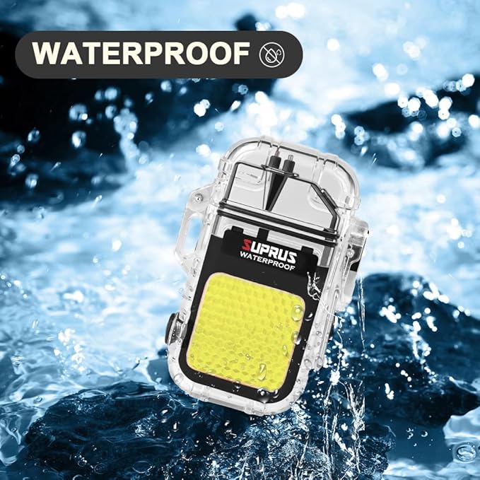 SUPRUS Waterproof 3 Modes of Flashlight Windproof Lighter Dual Arc Electric Rechargeable Dual Arc Plasma Lighter with Survival Emergency Whistle and Lanyard (Black)