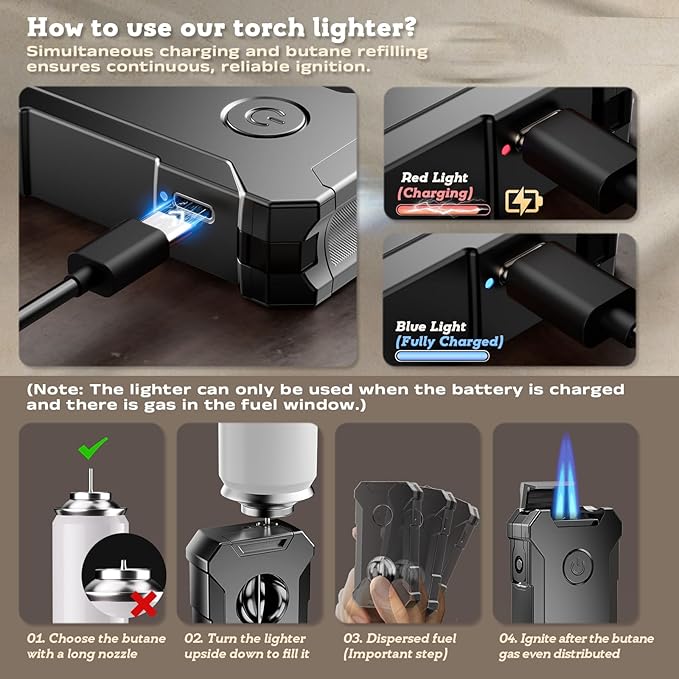 5-in-1 Torch Lighter with Tool, Holder, Punch, Draw Enhancer Tool, Double Jet Flame, Windproof Lighters, Gifts for Men, Rechargeable Refillable Butane Lighter, Cool Lighters for Men Candles (Gray)