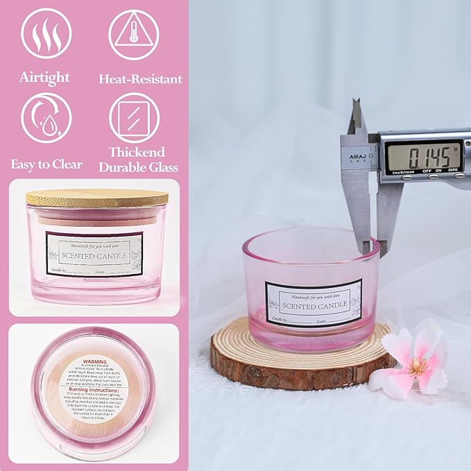 CONNOO 15 Pack 4 OZ Pink Glass Candle Jars with Airtight Bamboo Lids for Making Candles, Bulk Small Wide Mouth Empty Candle Containers with Sticky Warning Labels - Dishwasher Safe