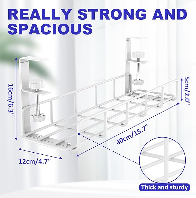 Under Desk Cable Management Tray, 31.5'' No Drill Heavy Duty Steel Cable Tray Organizers, Wire Management Tray Cable Rack with Clamp Mount, Adjustable Metal Under Desk Tray (White, 2 Pack)