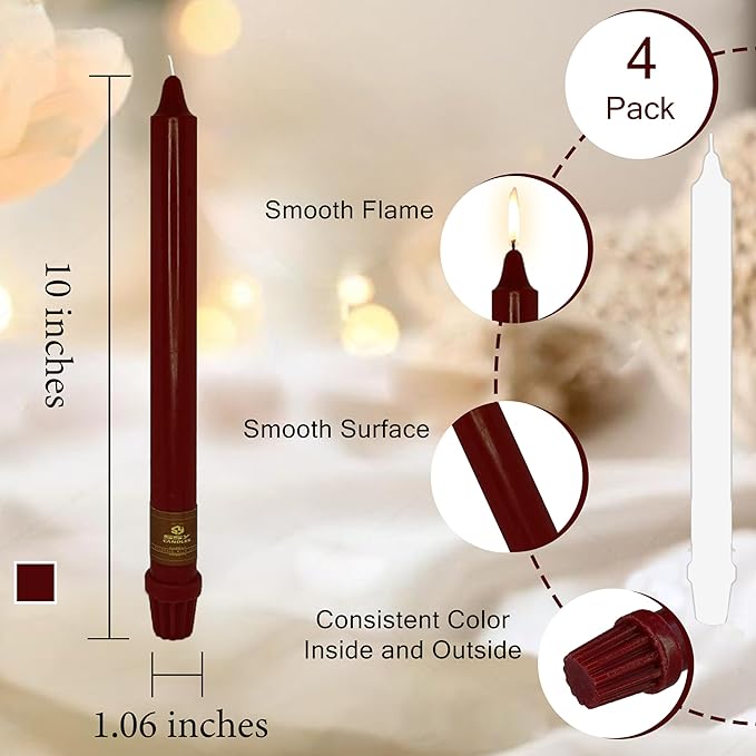 Red Taper Candles Unscented Taper Candlesticks 10 Inch Long Dinner Candle Sticks 4 PCS Smokeless Candle for Christmas Household Wedding Home Decor