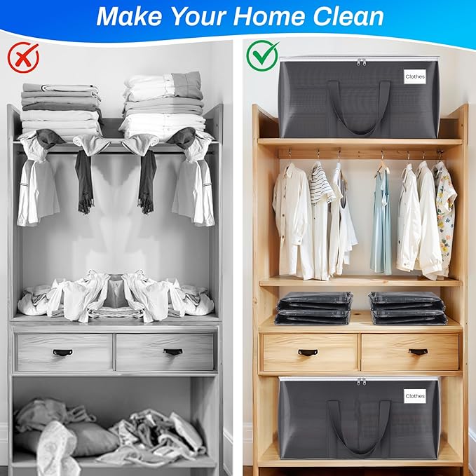ElegantArray 6 Pack Moving Bags Heavy Duty, Moving Boxes, Storage Bags with Zipper & Handles & Tag for College & Dorm Moving Supplies Grey Laundry Hamper Bag, Foldable Space-saving Totes (76L, Grey)