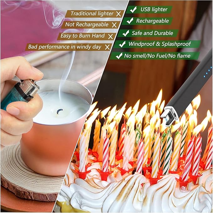 MEIRUBY 2 Pack Electric Candle Lighter, Christmas Stocking Stuffers Gifts for Women Mom Men Wife Sister, USB Arc Rechargeable Windproof Long Lighter for Candle BBQ Housewarming Birthday Gifts Idals