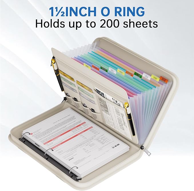 Fireproof Accordion File Organizer with Handle, 13 Pocket Expanding File Folder with Zipper & Labels, File Folder with 3 Ring Binder, Multi Pockets Paper Organizer Folder for Letter A4 Files (Beige)