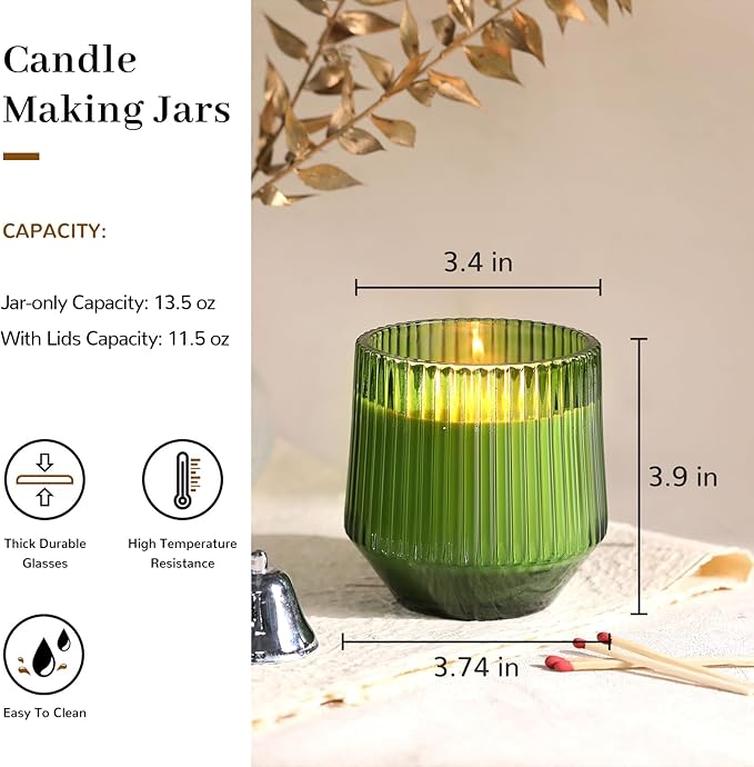 simeitol 13 OZ Candle Jar for Making Candles - 6 Pack Green Candle Jars, Ribbed Glass Candle Jars Bulk, with Bamboo Lids and Candle Wick Kit, Candle Making Kit for Making Candle Containers