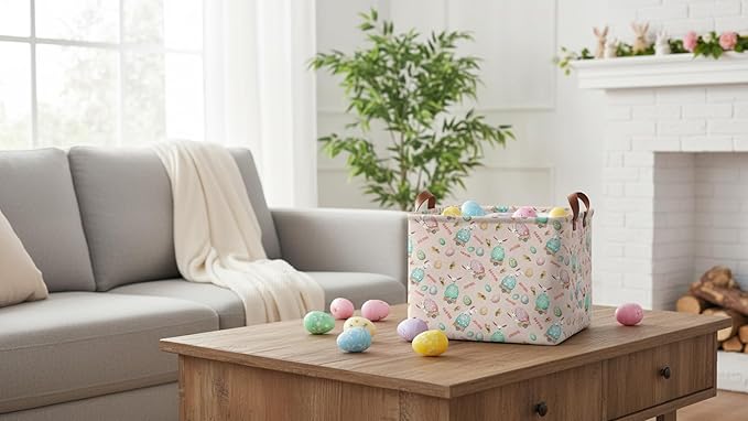 Rectangle Pink Rabbit Easter Basket with Handles,Collapsible Kids Toys Bin,Cute Baby Storage Basket,Books Box,Gift Basket(Pink Rabbit Easter Basket)