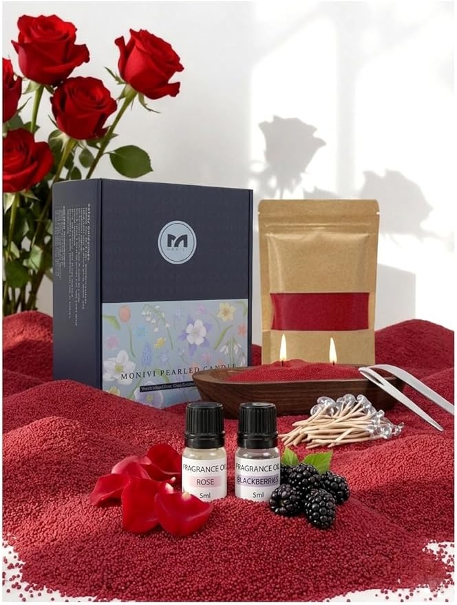 Monivi Candle Sand with Wicks 4.4lb Red Sand Wax Pearled Candle Wax Beads with Wooden Decorative Bowl, 2 Natural Fragrance Oils Rose Black Berries Total up to 450Burn Hours DIY Candle Making Kit