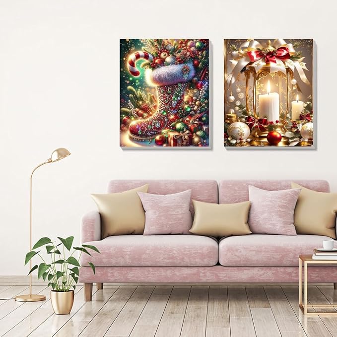 2 pack Christmas Boots Paint by Numbers Kit for Adults Beginner With Framed,Candle Easy Adult Paint by Number Kits on Canvas DIY Painting for Beginners Art by Numbers for Home Wall Decor 10x12 Inch