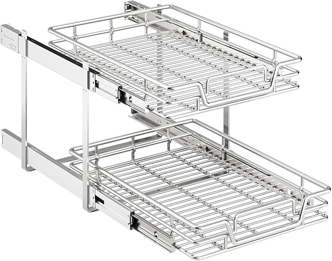 2-Tier Kitchen Cabinet Pull Out Shelf and Drawer Organizer Slide Out Pantry Storaqe Basket in Multiple Sizes (16" W x 21" D)