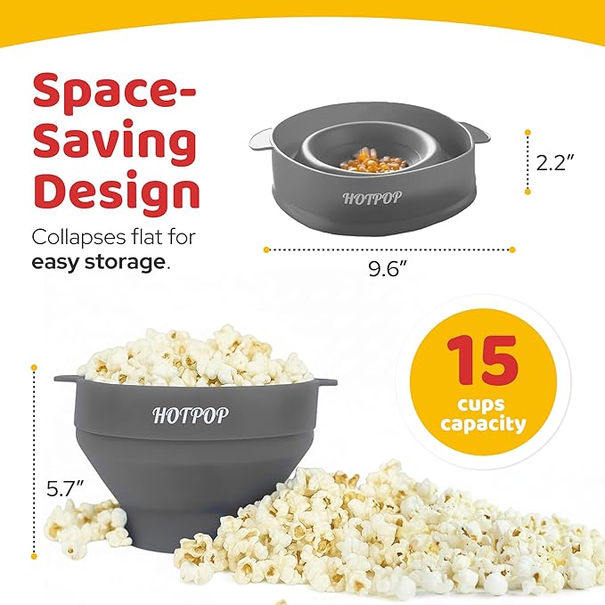 The Original Hotpop Microwave Popcorn Popper, Silicone Popcorn Maker, Collapsible Bowl BPA-Free and Dishwasher Safe- 20 Colors Available (Gray) (Pack of 2)