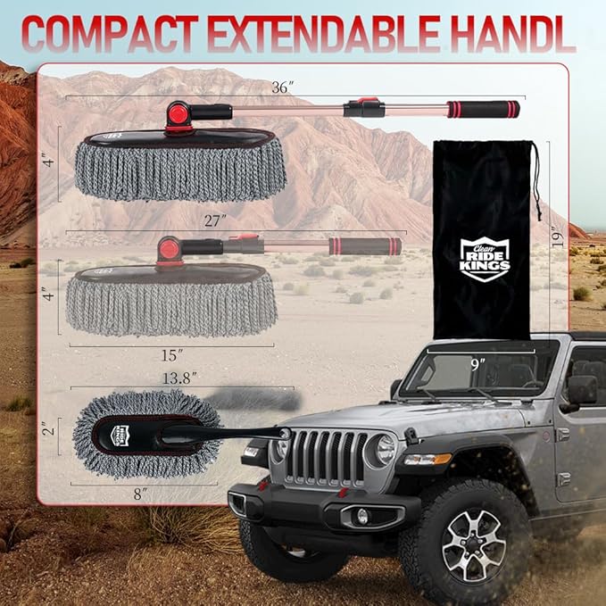 Car Duster Exterior Scratch Free with Extendable Handle, Microfiber Car Cleaning Brush for Dust Removal + Small Detailing Brush for Interior Care