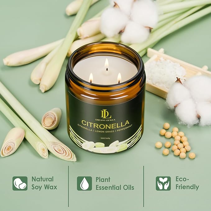 Citronella Candles Indoor Outdoor, Large 3 Wick 12oz Scented Candles up to 60 Hours Burning, Natural Citronella Soy Wax Candle for Summer Outside Camping Patio Picnic Garden