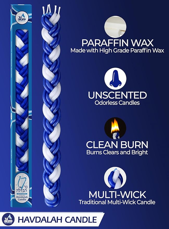 Ner Mitzvah Braided Havdalah Candle - Large 15-Inch Blue and White Paraffin Wax - Handcrafted Havdallah Candle - Shabbat Judaica Gift