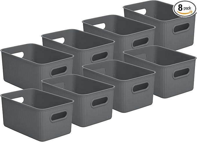 Superio Decorative Plastic Basket Open Home Storage Bins Organizer Baskets, Medium, Grey (8 Pack) Container Boxes for Organizing Closet Storage Bins for Shelves Drawer Shelf, 5 Liter