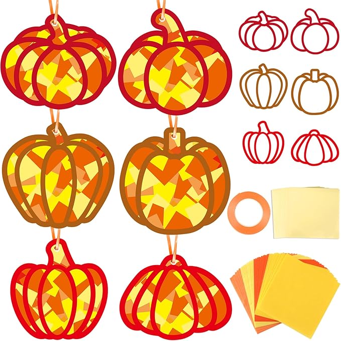 Qyeahkj 36 Set Fall Pumpkin Suncatchers Crafts for DIY Autumn Window Tissue Paper Crafts Kit Thanksgiving Pumpkin Hanging Decor for Fall Home Activity Art Project Birthday Party Favor Gift