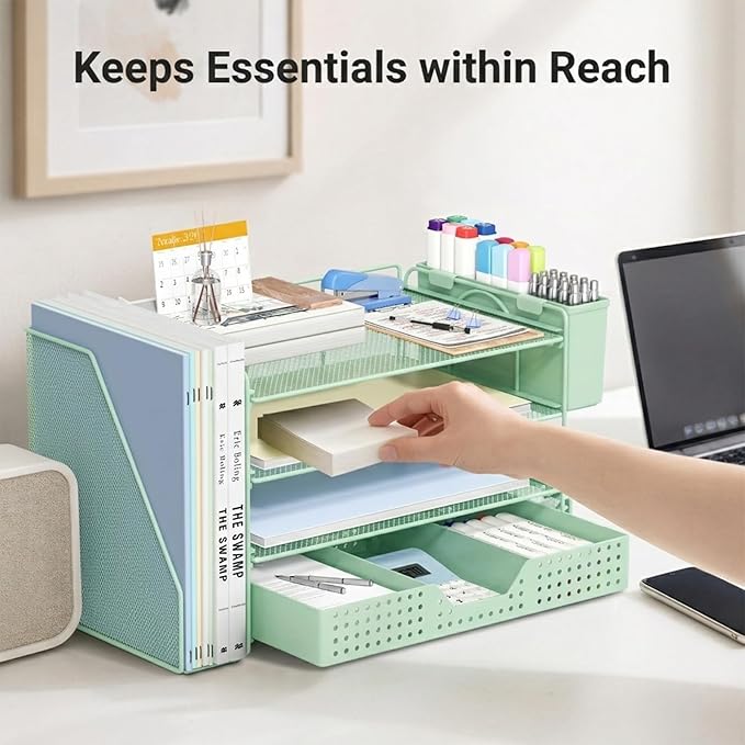 ECOLOVI Desk Organizer, 4-Tier Paper Organizer Letter Tray with File Holder, Drawer and 2 Pen Holders, Desktop File Organizer for Office Supplies, Workspace Storage, Green