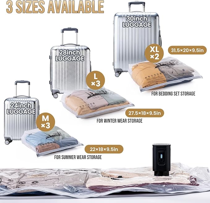TAILI Vacuum Storage Bags with Rechargeable Cordless Pump, 8 Pack (3M+3L+2XL), Compression Packing Cube for Luggage and Suitcase, Vacuum Seal Bags for Clothing, Cruise Ship and Travel Essentials