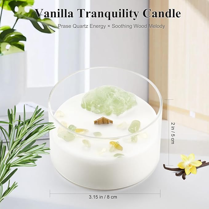 Premium Vanilla Scented Soy Candles with Wood Wick & Healing Crystals Inside, 55-Hour Non-Toxic Aromatherapy Home Scented Candle Gifts for Women, Mom, Birthday, Meditation, Spa (7oz)