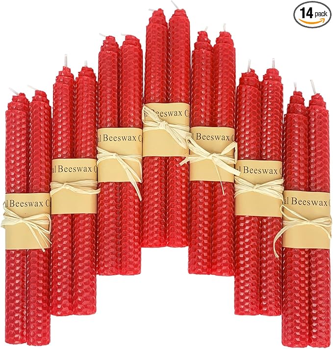 Lacaser Natural Beeswax Red Taper Candles Bulk Pack of 14 pcs, Unscented Red Long Candlesticks 9 Inches Each, Burning Time 4 Hours