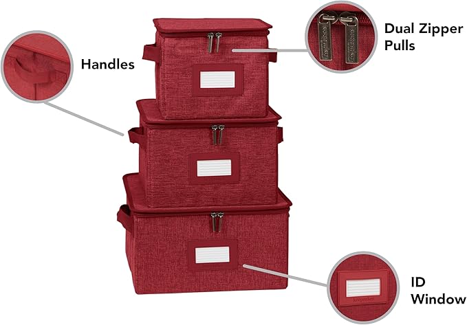 Covermates Dish Storage Box Set – China & Dinner Plate Storage Containers with Felt Dividers, Dual Zippers, Reinforced Handles, ID Window & Stackable Design, Red Heather