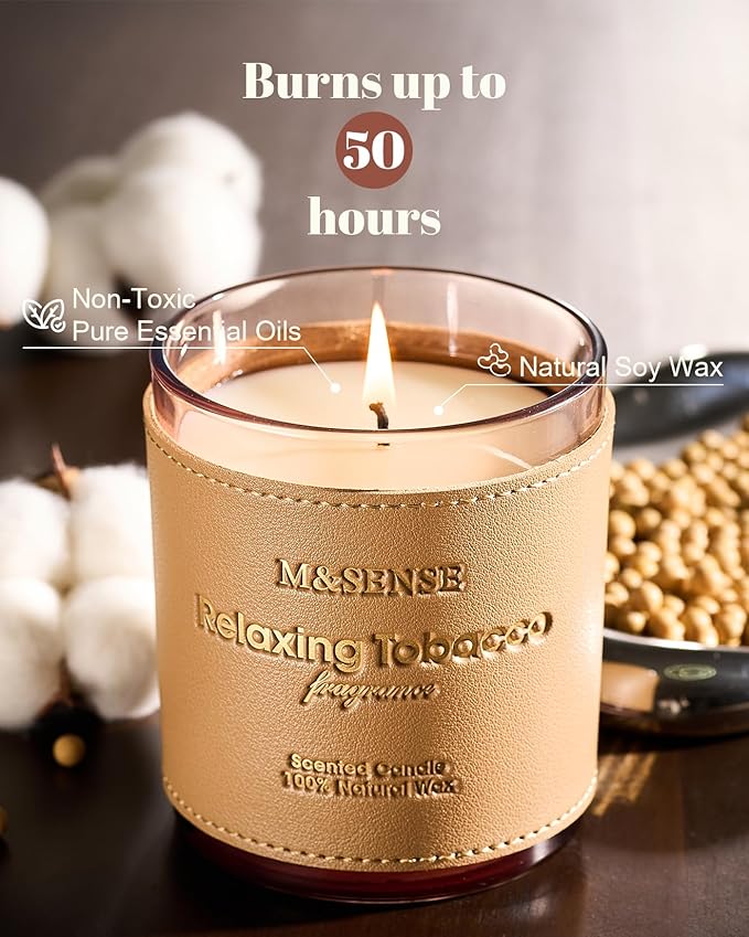 M&SENSE Cinnamon Tobacco Vegan Soy Candles, Non Toxic 10oz 42-Hour Slow Burning, Winter Home Fragrance for Stress Relief Relaxation, Housewarming New Year Gifts