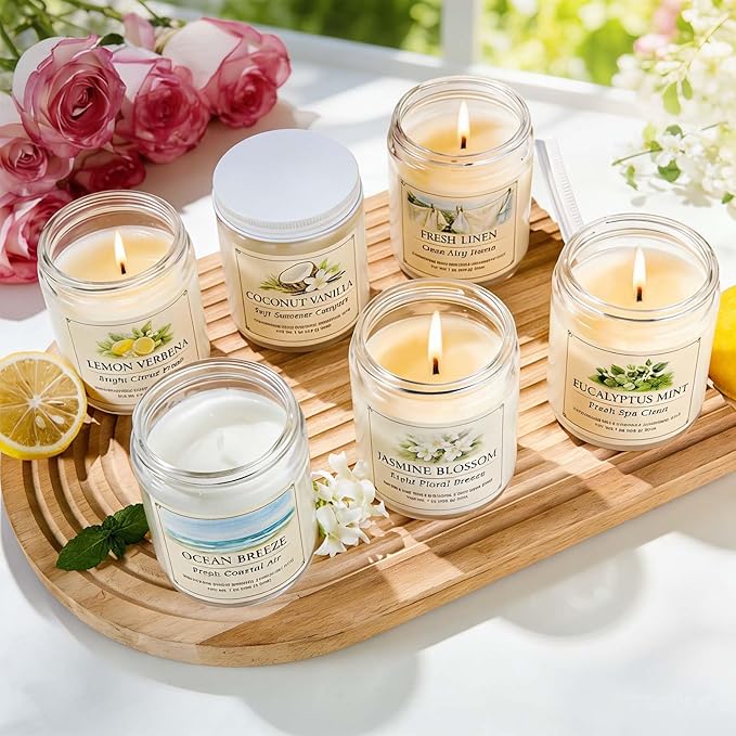 Scented Candle Gift Set, 6 Pack 7oz Natural Soy Wax Aromatherapy Candles, Coconut Vanilla Lemon Verbena Fresh Linen Scents, Long Burning Candles for Home Relaxation & Gifting