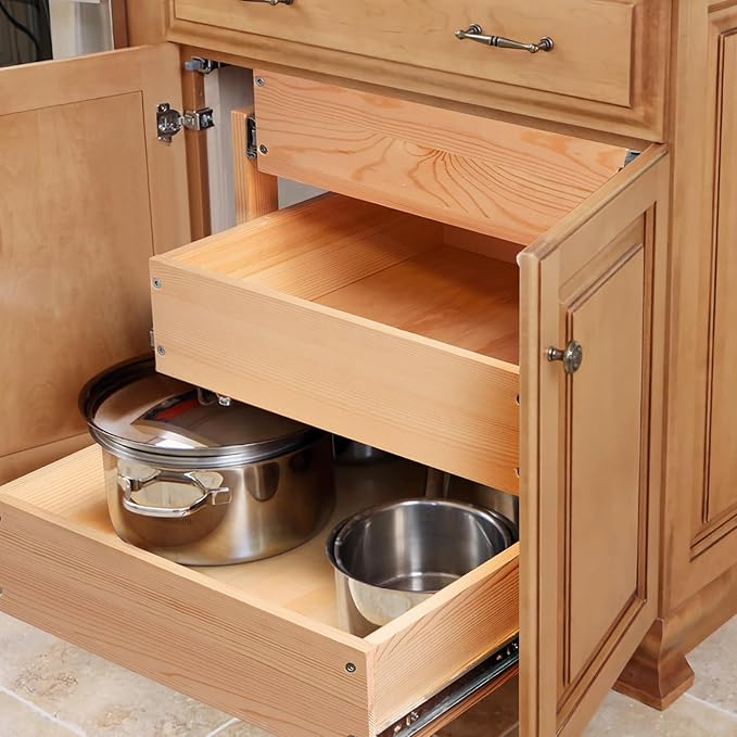 Mulush Pull Out Drawers For Cabinets, 17''W×21''D×19''H Soft Close Slide Out Wood Shelves Storage Organizer for Kitchen, 3-Tier, Finished, Heavy-Duty, Bottom Assembly