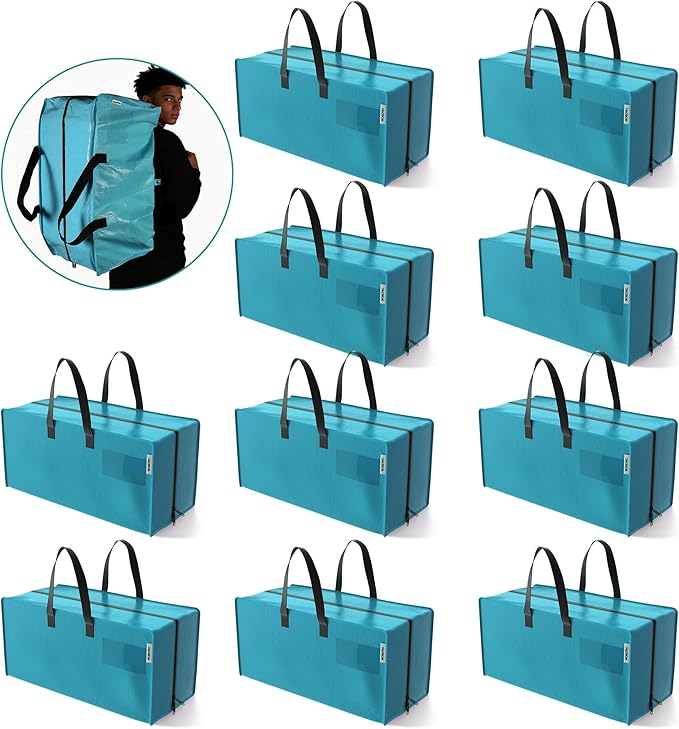 WORKPRO 10 Pack Extra Large Moving Bags with Zippers & Carrying Handles Backpack Straps, Heavy-Duty Storage Tote for Space Saving Moving Storage (Blue)