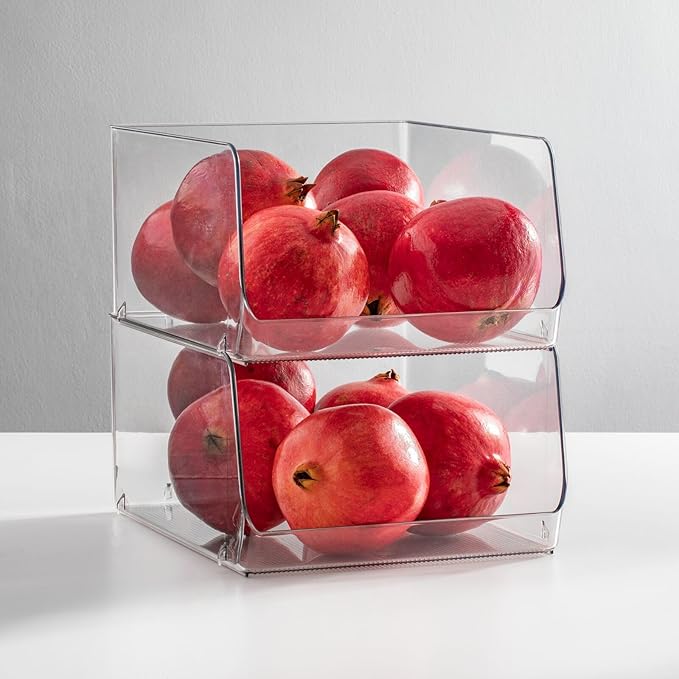 mDesign Wide Stackable Plastic Food Storage Organizer Bin Basket with Open Front for Household Kitchen Cabinets, Pantry, Offices, Closets, Bedrooms, Bathrooms - 10.2" Wide, 4 Pack - Clear