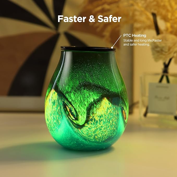 Glass Electric Wax Melt Warmer Oil Burner with Stable Heating PTC Reusable Silicone Tray 7 Colorful Changing Led Light Night Light Scent Warmer for Home Fragrance Warmers-GreenTimer