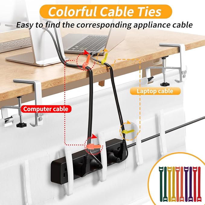 Under Desk Cable Management Tray with Clamp, No Drill 48" Cord Organizer for Desk, Desk Cable Management Fabric Tray for Standing Desks, Ideal for Home & Office - White