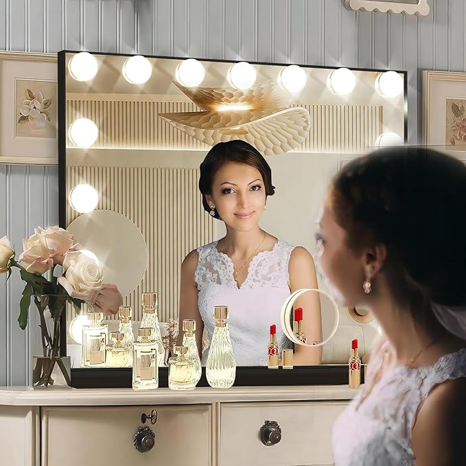 Ratsamee Black Hollywood Vanity Mirror with Lights, 15 Dimmable Bulbs, 3 Color Lights,Make Up Lighted Mirror, Aluminum Metal Frame, USB Charging Port（23" x 18"）