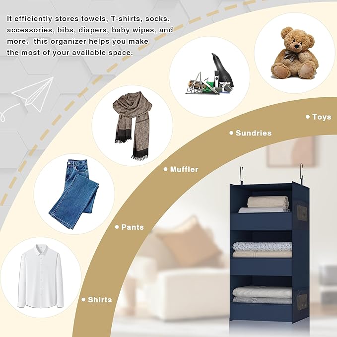 3-Shelf Hanging Closet Organizer and Storage, Foldable Hanging Closet Shelves Front Lip Design Washable Hanging Storage, Navy Blue