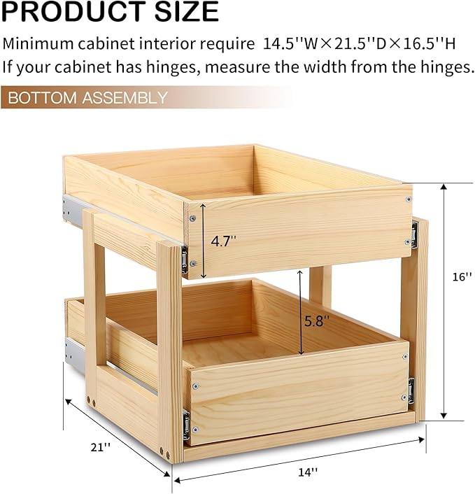 Mulush Pull Out Cabinet Organizer, 14''W×21''D×16''H Soft Close Slide Out Wood Drawer Shelves Storage for Kitchen, 2-Tier, Finished, Heavy-Duty, Bottom Assembly