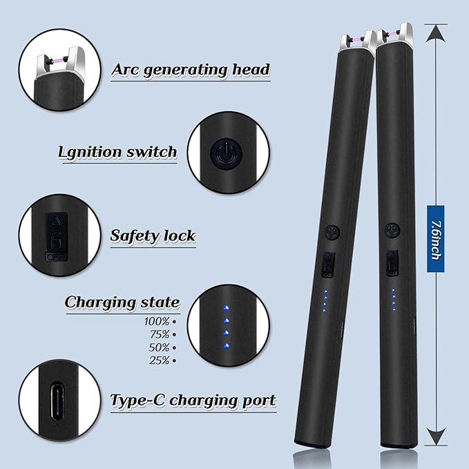 2 PCS Candle Lighter,Windproof Flameless Electric Lighter with LED Power Display ＆ Safety Switch, Upgraded Plasma USB Rechargeable Lighters for Birthday Camping BBQ (Black)