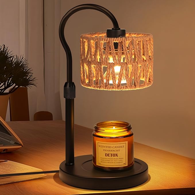 Candle Warmer Lamp,Adjustable Height with 2 Bulbs，Boho Rattan Candle Lamp with Dimmer & Timer, Flameless Fragrance Diffuser for Scented Wax Melts, Mothers Day and Birthday Gifts for Home, Office