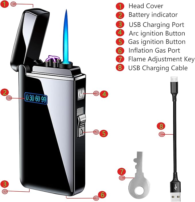 Electronic Lighter Jet Flame Torch Lighters 2 in 1, Refillable Butane Electric USB Rechargeable, Premium Windproof with LED Display Power Infinity for BBQs,Candle,Camping Indoor (Silver Ice)