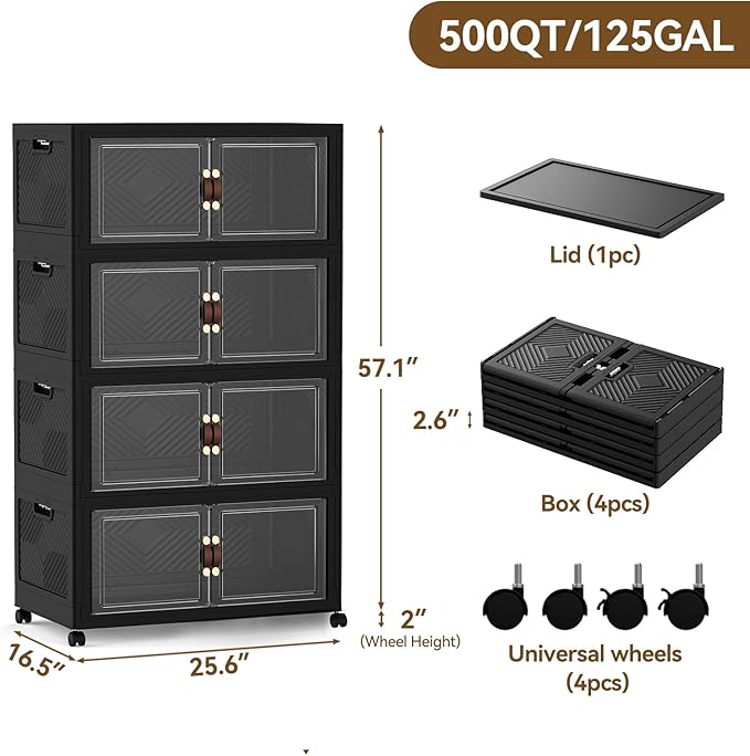 SAILUN 424QT/106Gal Stackable Storage Bins with a Lid, Collapsible Storage Bins With Doors, Folding Cabinet for Home Closet Organization,4 Pack-26 W x 16.5" D x 57.1" H Black