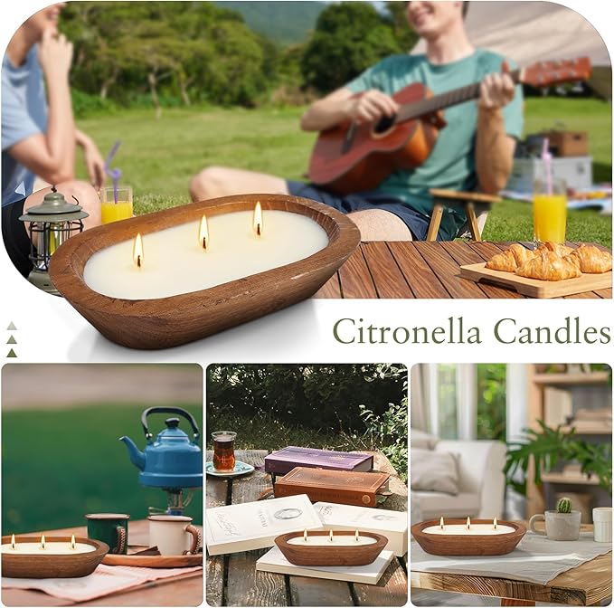 Citronella Candle in Wooden Bowl, 8oz Triple-Wick Smokeless Candle, Clean Burning Natural Citronella Scented Candle for Home Decor, Patio, Garden and Relaxation