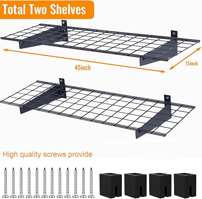 Wallmaster 2-Pack 15x45 Heavy Duty Garage Wall Shelving 45-inch-by-15-inch Wall Mount Garage Storage Rack Floating Shelves Max Load 400lb Black