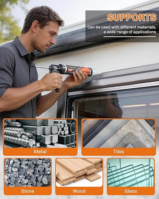 WELLUCK Gray Silicone Caulk, 100% Waterproof Silicone Sealant Adhesive Caulking,for RV, Kitchen,Bathroom, Window, Door, Glass,10.2FL.OZ/300ML（1 Pack）