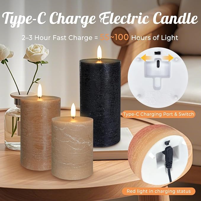 Rechargeable Flameless LED Pillar Candles–Luminous Real Wax Indoor Home Decor–Set of 3, Realistic Flickering LED Flame,Remote & Timer, USB-Rechargeable（Caramel Beige）
